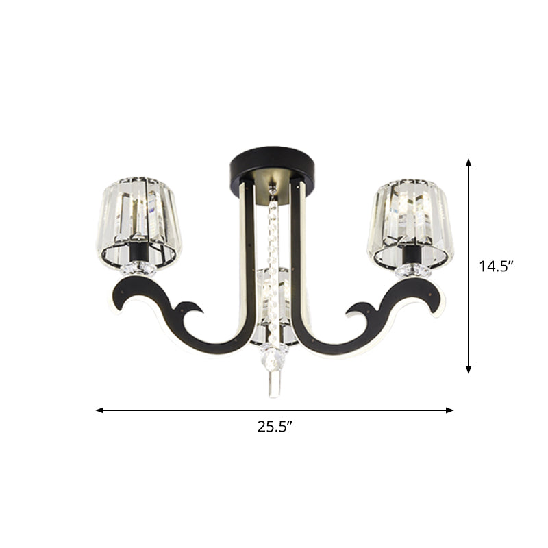 3-Light Bedroom Semi-Flush Ceiling Light Modern Black LED Flush Mounted Lamp with Cone Crystal Block Shade