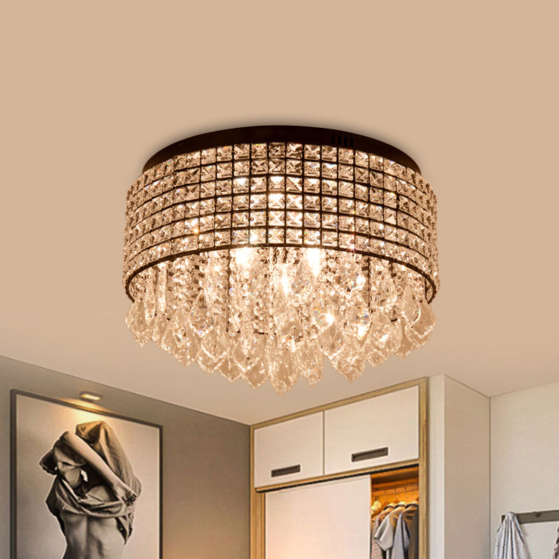 Black Drum Flushmount Lampada Moderna 5 Teste Crystal Embedded Flush Massimale Light Fixture con Droplet