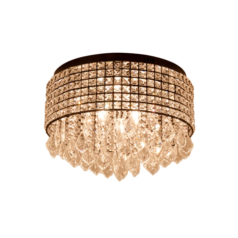 Black Drum Flushmount Lamp Modern 5 Heads Crystal Embedded Flush Ceiling Light Fixture with Droplet