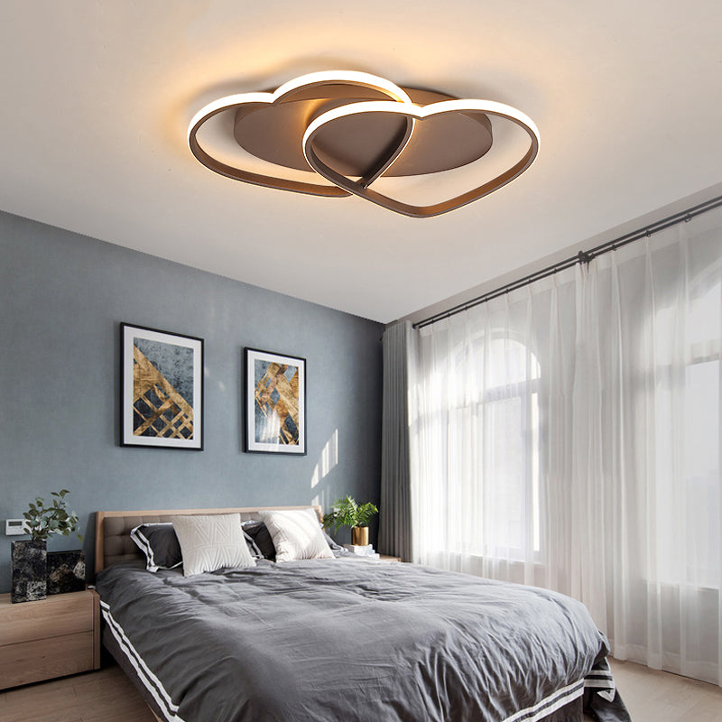 Metal Double Heart Flush Mount Light Romantic Ceiling Lamp in Brown for Study Room