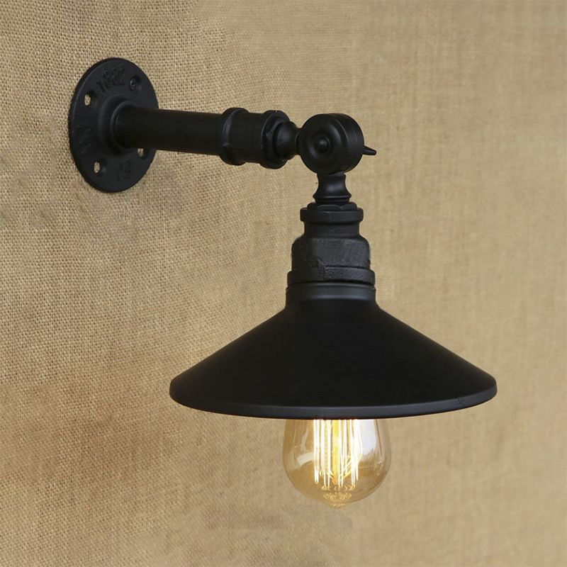 Black/Aged Silver Cone Wall Lamp with Pipe Industrial Style Metal 1 Light Dining Room Adjustable Sconce Lighting