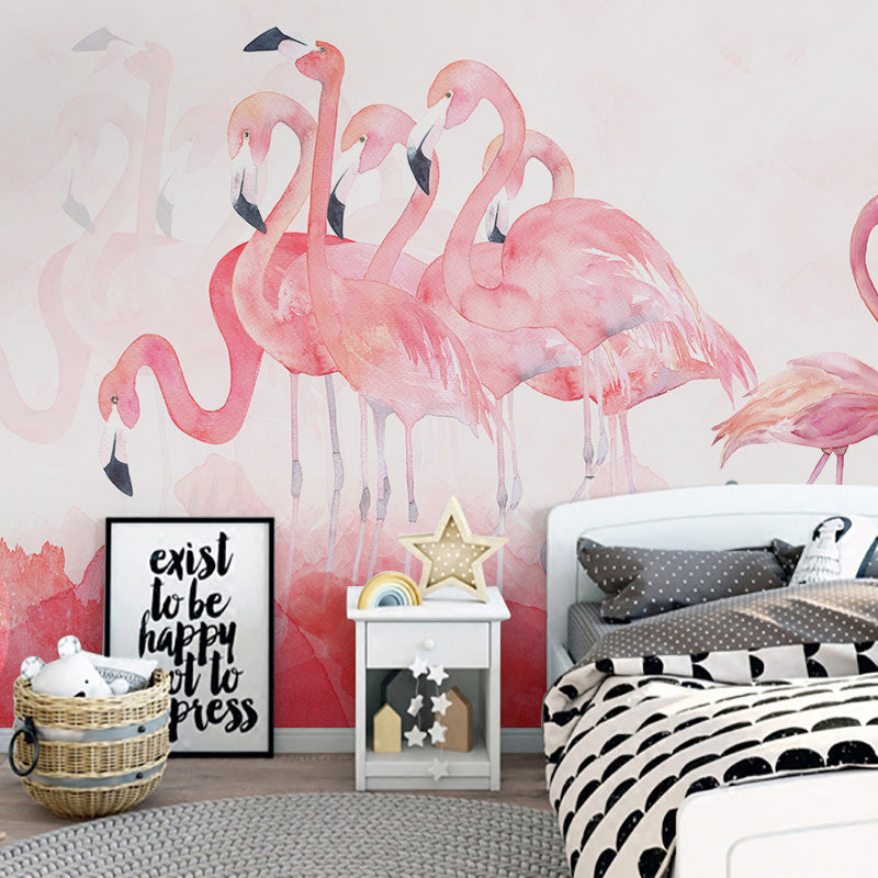 Extra Large Mural Wallpaper Nordic Novelty Flamingo Wall Art in Pastel Pink