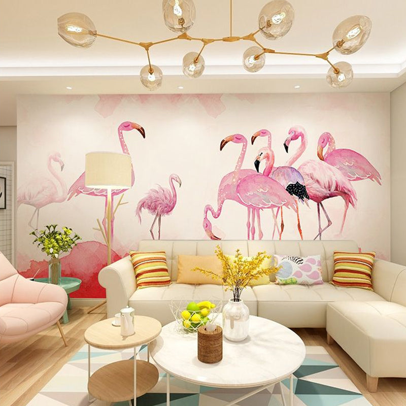 Pink Flamingo Mural Wallpaper Stain-Resistant Wall Covering for Home Decoration