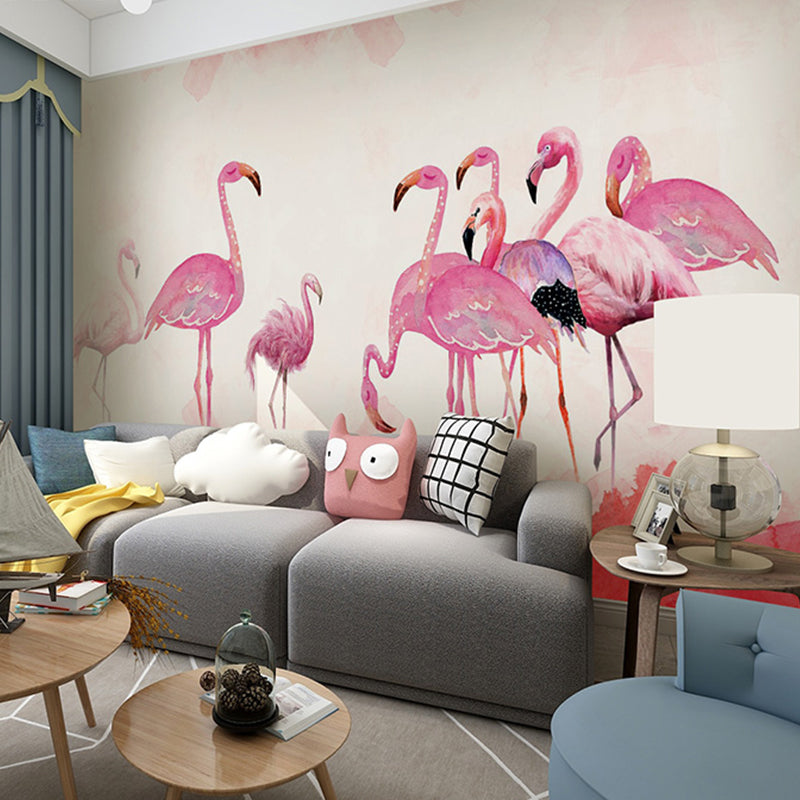 Pink Flamingo Mural Wallpaper Stain-Resistant Wall Covering for Home Decoration