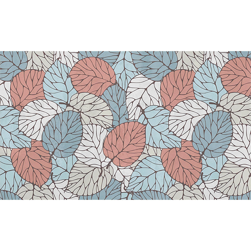 Full Size Mural Wallpaper for Living Room, Summer Leaf in Blue and Red, Stain-Resistant