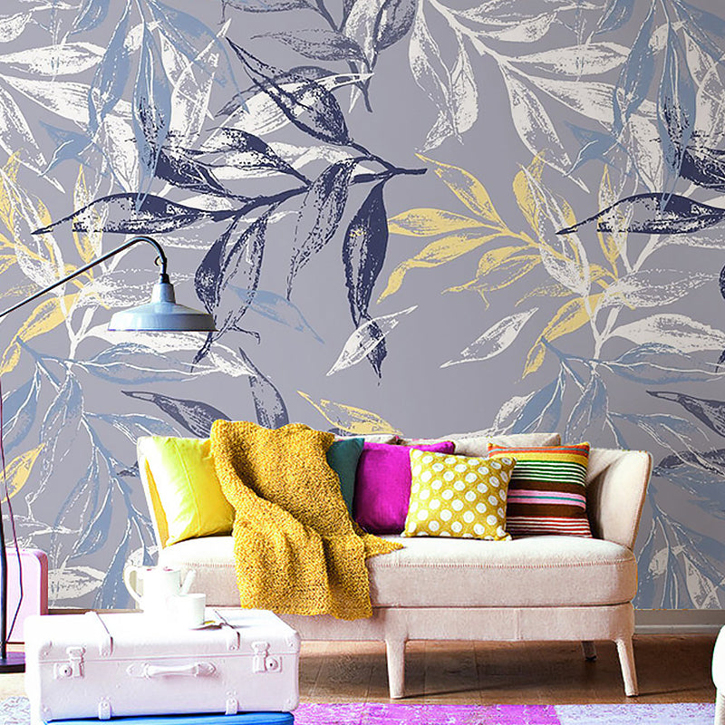 Big Illustration Classic Mural Wallpaper for Bedroom with Leaf and Branch in Grey and Blue