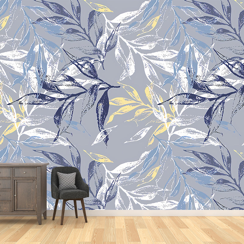 Big Illustration Classic Mural Wallpaper for Bedroom with Leaf and Branch in Grey and Blue