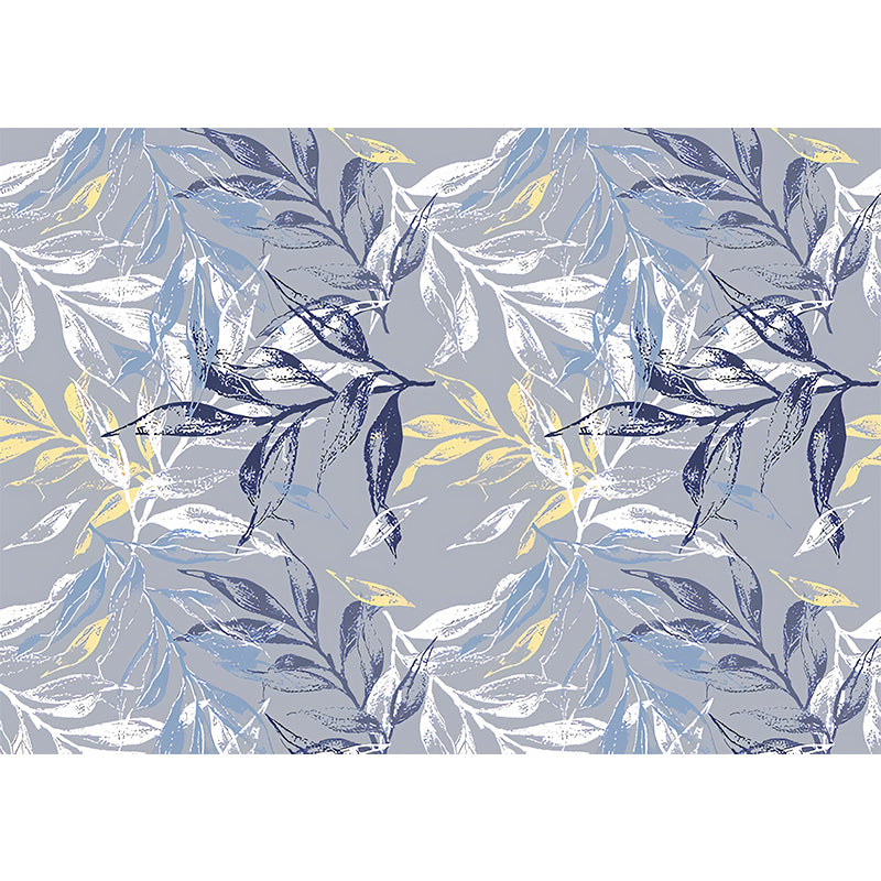 Big Illustration Classic Mural Wallpaper for Bedroom with Leaf and Branch in Grey and Blue