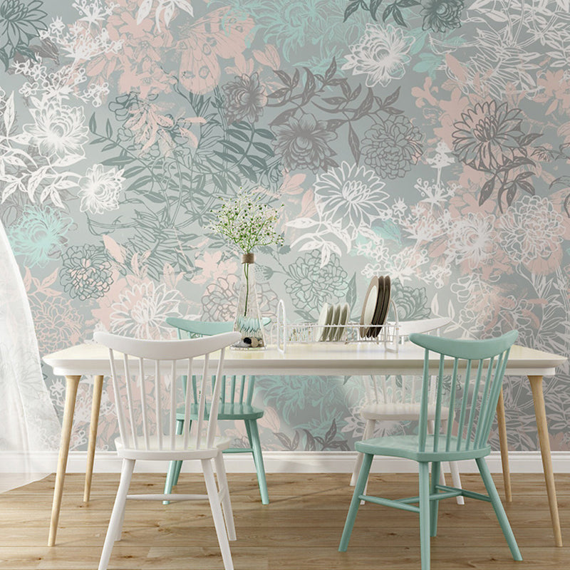 Full Illustration Blossoming Flower Mural for Bedroom in Grey, Customized Size Available