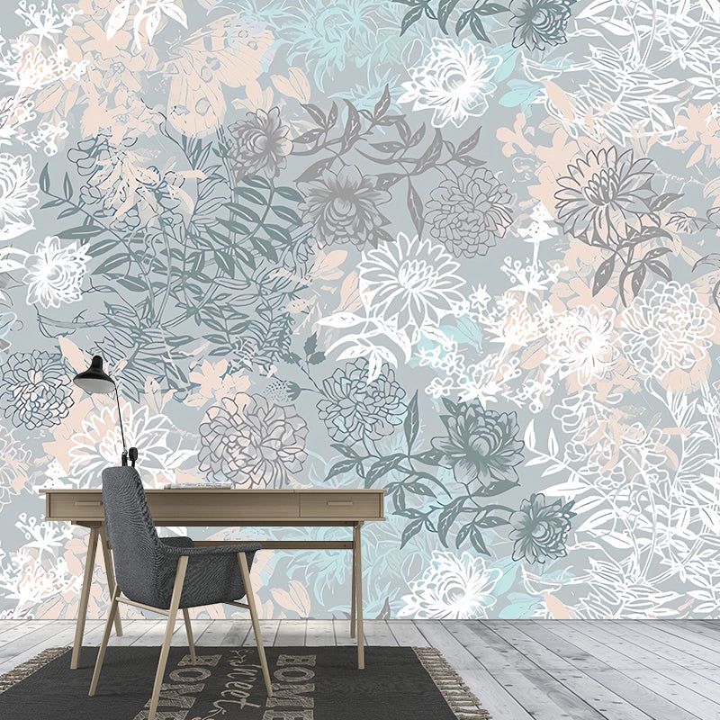 Full Illustration Blossoming Flower Mural for Bedroom in Grey, Customized Size Available