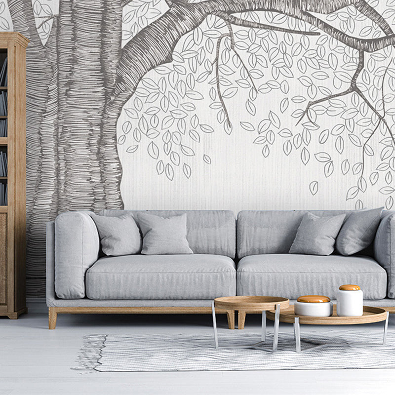 Stain-Resistant Swirled Tree Mural Non-Woven Fabric Nostalgic Wall Covering in Grey for Coffee Shop and Gallery