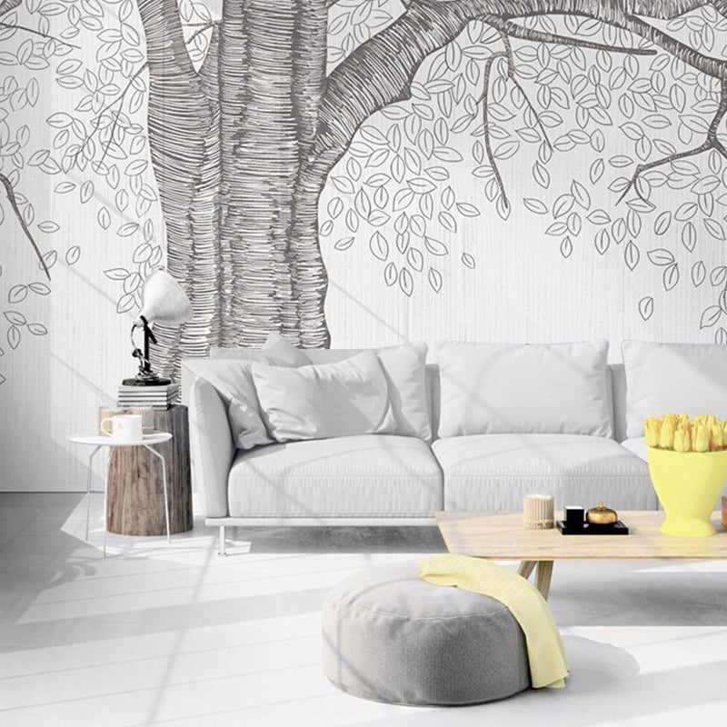 Stain-Resistant Swirled Tree Mural Non-Woven Fabric Nostalgic Wall Covering in Grey for Coffee Shop and Gallery