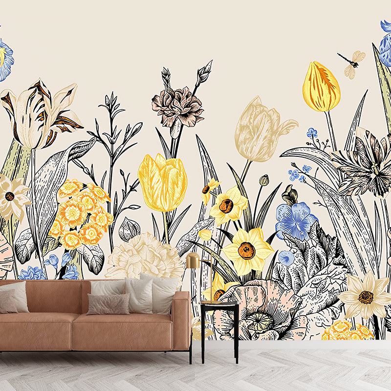 Illustration Garden Blossom Big Mural Wallpaper for Home Decoration, Personalized Sized Available