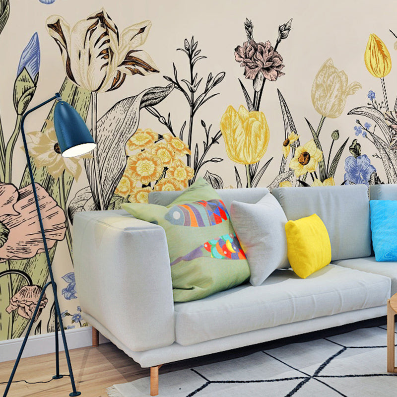 Illustration Garden Blossom Big Mural Wallpaper for Home Decoration, Personalized Sized Available