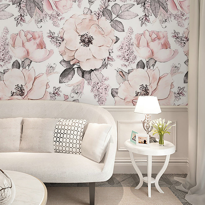 Romantic Grey and Pink Mural Wallpaper with Floral Design for Bedroom, Non-Woven Material