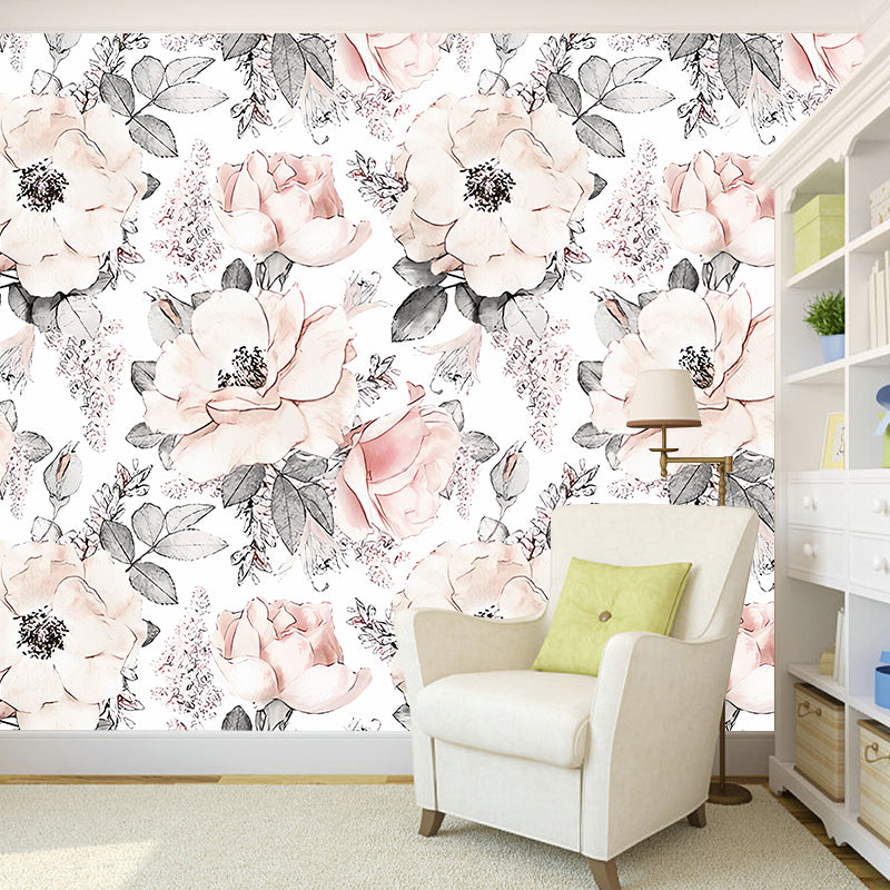 Romantic Grey and Pink Mural Wallpaper with Floral Design for Bedroom, Non-Woven Material