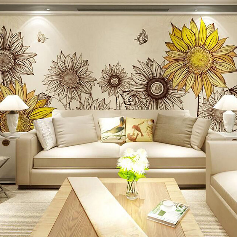 Sunflower Wall Art in Yellow, Nostalgic Countryside Mural Wallpaper for Home Decor