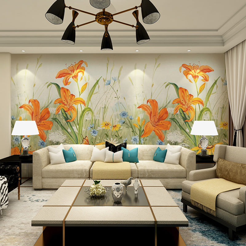 Giant Illustration Fresh Mural Wallpaper for Gallery with Floral Design in Orange and Blue