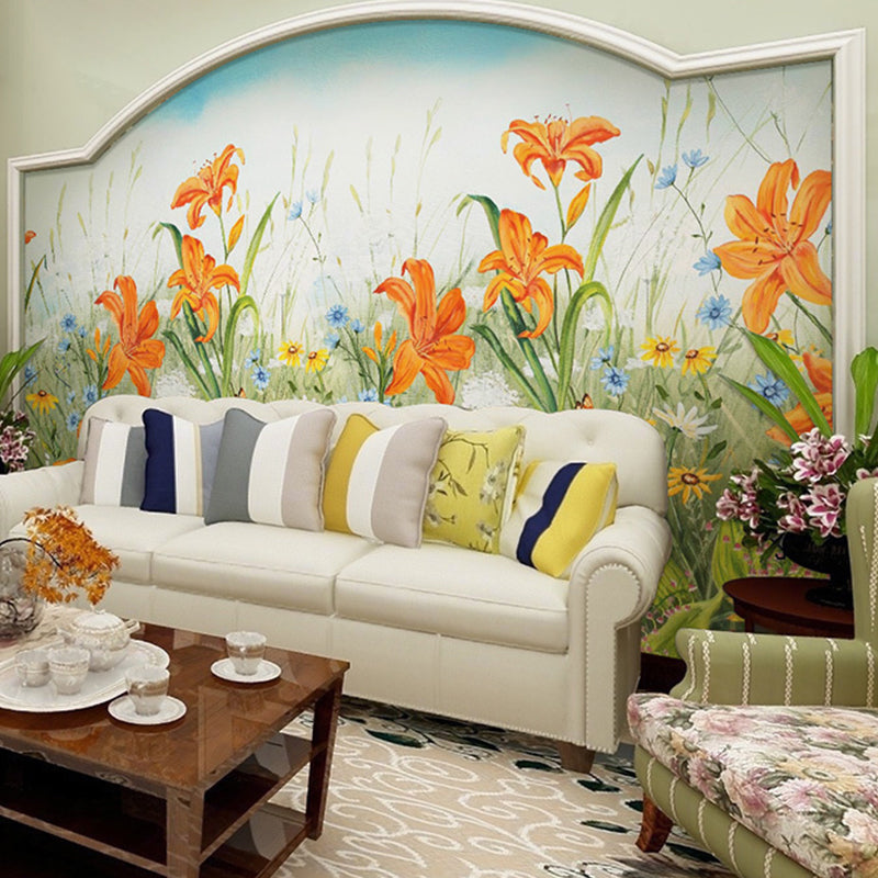 Giant Illustration Fresh Mural Wallpaper for Gallery with Floral Design in Orange and Blue