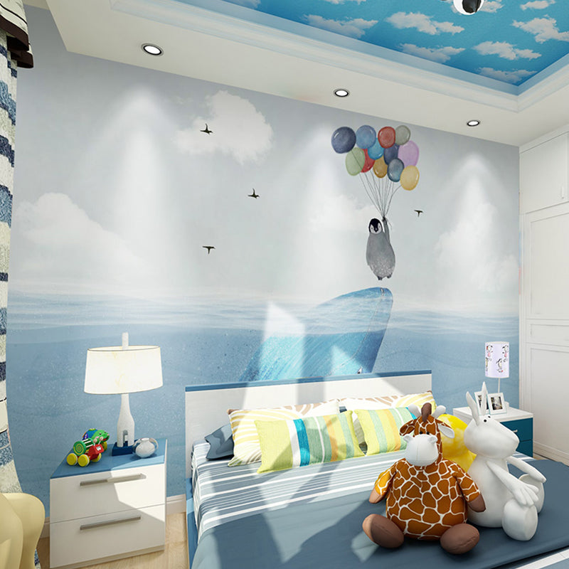 Blue Penguin and Balloon Mural Stain-Resistant for Boy's or Girl's Bedroom