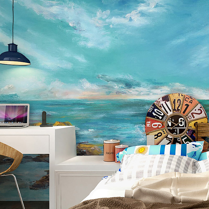 Contemporary Mural Wallpaper for Home Decoration, Sea Scene in Sky Blue, Personalized Size Available