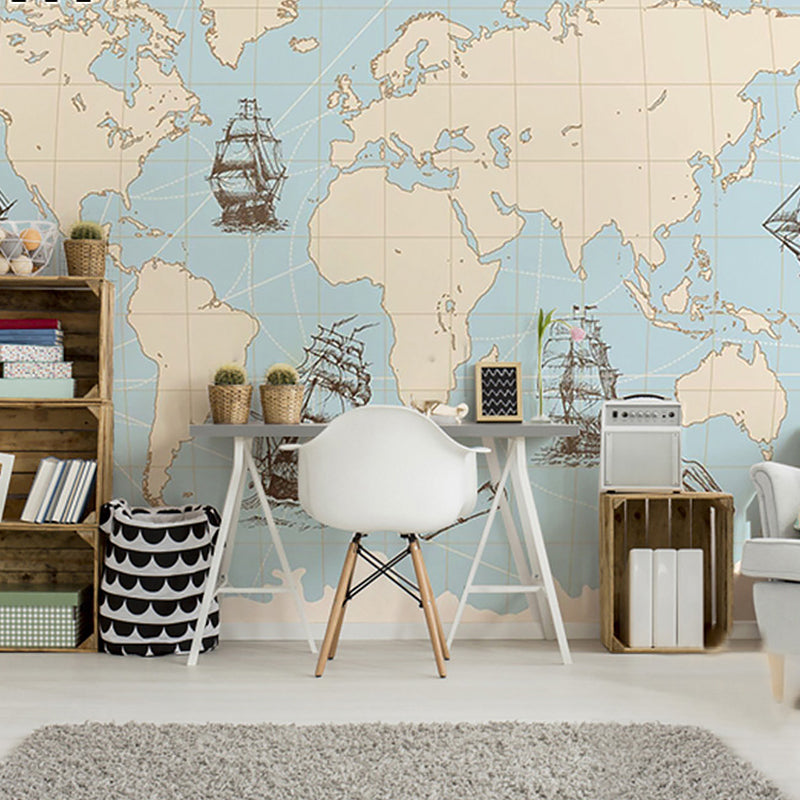 Whole Illustration Mid Century Mural for Living Room with World Map and Sailing Boat in Pastel Blue