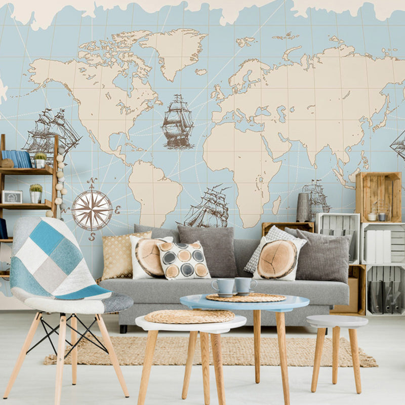 Whole Illustration Mid Century Mural for Living Room with World Map and Sailing Boat in Pastel Blue
