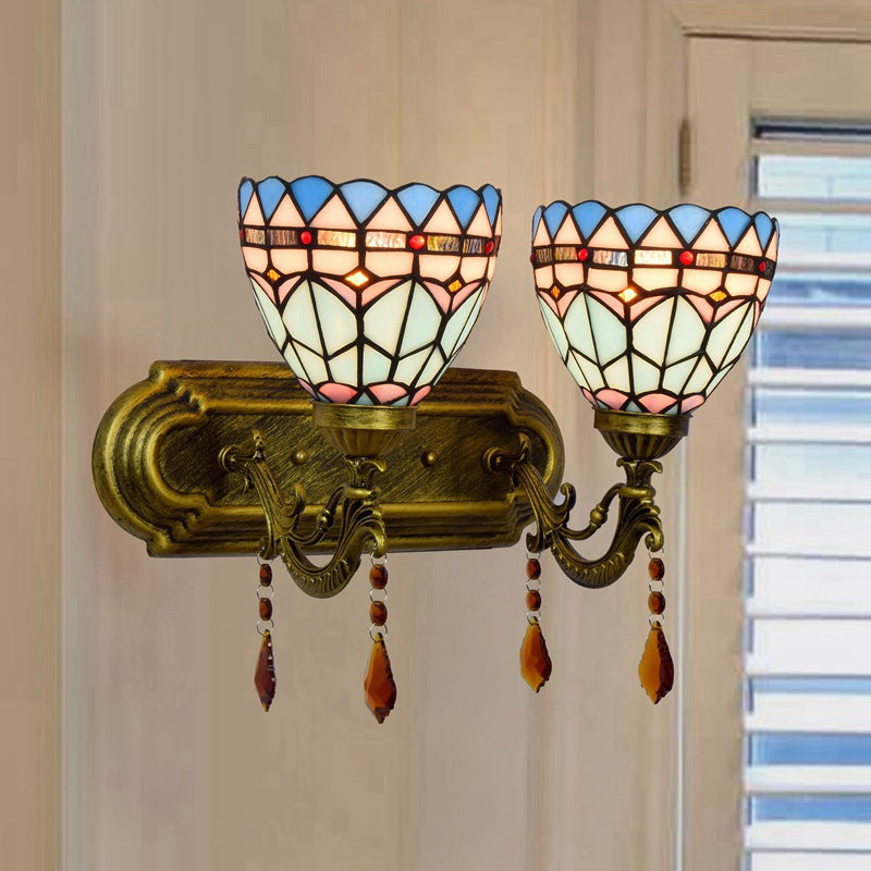 Handcrafted Glass Brass Sconce Light Geometric Pattern 2 Lights Tiffany-Style Wall Mounted Lighting Fixture