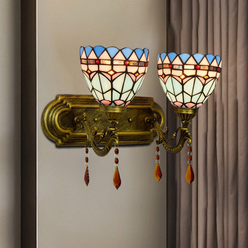 Handcrafted Glass Brass Sconce Light Geometric Pattern 2 Lights Tiffany-Style Wall Mounted Lighting Fixture