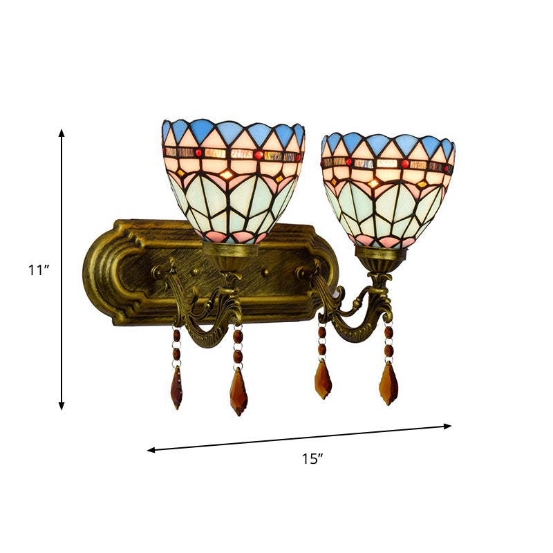 Handcrafted Glass Brass Sconce Light Geometric Pattern 2 Lights Tiffany-Style Wall Mounted Lighting Fixture