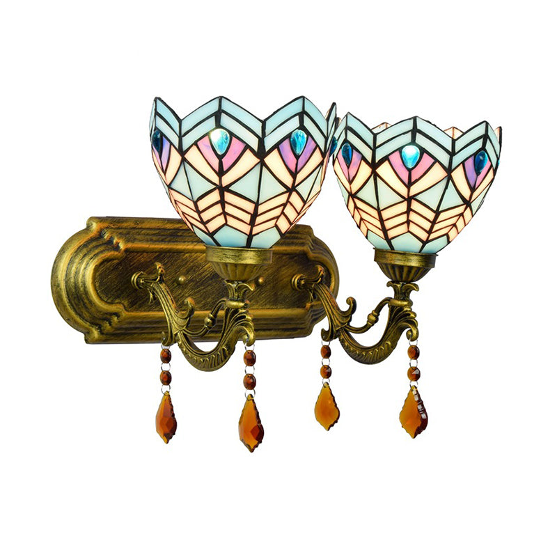 Ridged Bell Stained Glass Wall Lighting Mediterranean 2-Light Brass Vanity Light Fixture