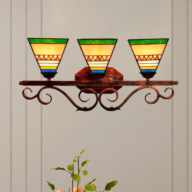 Bell/Pyramid Shaped Wall Light Fixture Mission Stained Glass 3 Heads Blue/Green Vanity Lighting