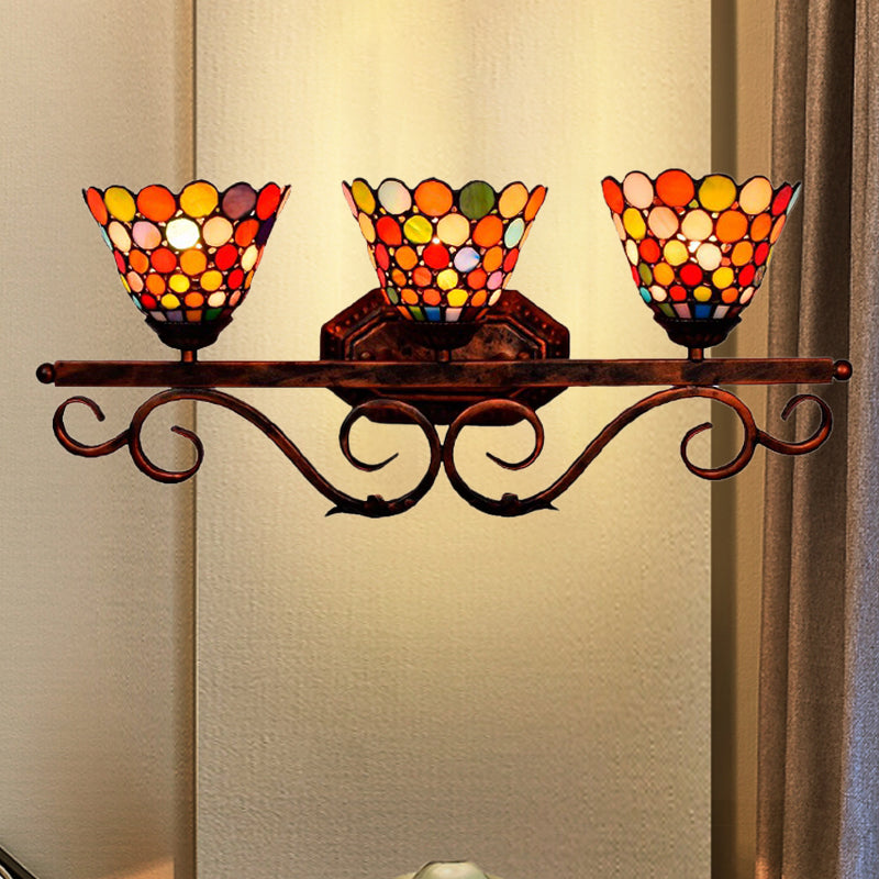 Stained Glass Dots Flared Wall Lamp Tiffany 3-Head Rust Vanity Sconce Light for Bathroom