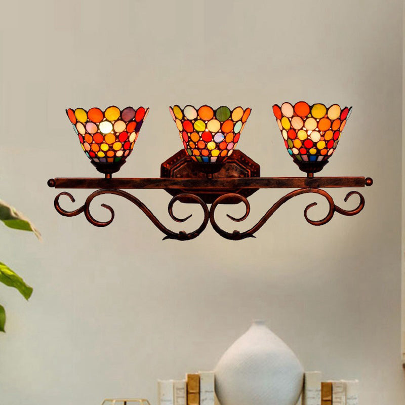 Stained Glass Dots Flared Wall Lamp Tiffany 3-Head Rust Vanity Sconce Light for Bathroom