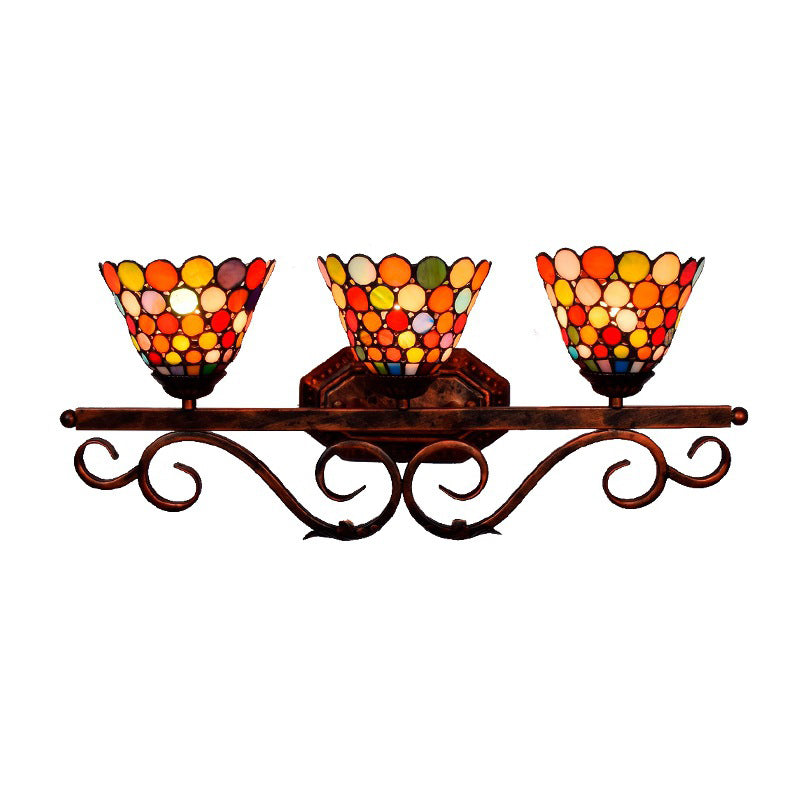 Stained Glass Dots Flared Wall Lamp Tiffany 3-Head Rust Vanity Sconce Light for Bathroom
