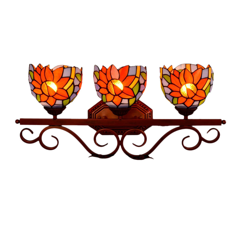 3 Lights Wall Lighting Fixture Tiffany Dome Sunflower-Pattern Stained Glass Sconce with Swirling Arm in Bronze
