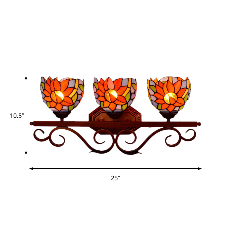 3 Lights Wall Lighting Fixture Tiffany Dome Sunflower-Pattern Stained Glass Sconce with Swirling Arm in Bronze