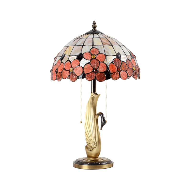 Flower-Edge Pink Grid Glass Night Lamp Tiffany 2-Light Gold Pull Chain Table Lighting with Swan Base