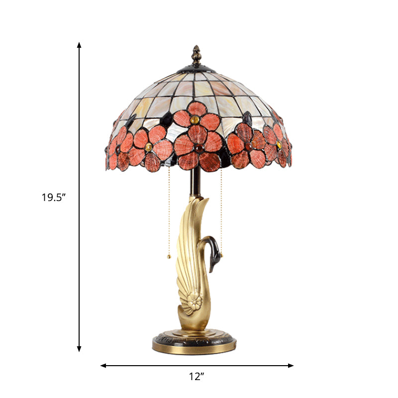 Flower-Edge Pink Grid Glass Night Lamp Tiffany 2-Light Gold Pull Chain Table Lighting with Swan Base