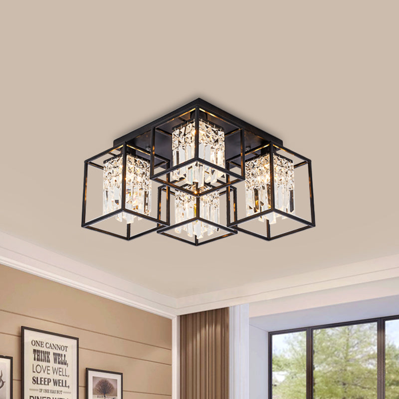 Cuboid Shade Semi Mount Lighting Modernist 4 Lights Black Flush Ceiling Lamp with Frame