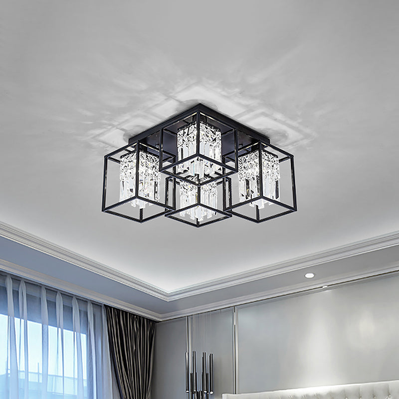 Cuboid Shade Semi Mount Lighting Modernist 4 Lights Black Flush Ceiling Lamp with Frame
