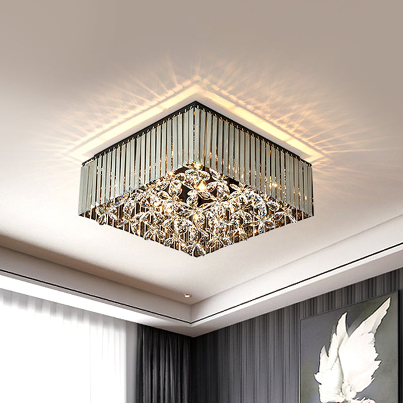 Squared Bedroom Flush Mount Smoke Gray Crystal 7 Heads Modernism Flush Light Fixture with Flower Droplet Inside