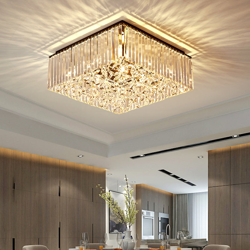 Squared Bedroom Flush Mount Smoke Gray Crystal 7 Heads Modernism Flush Light Fixture with Flower Droplet Inside