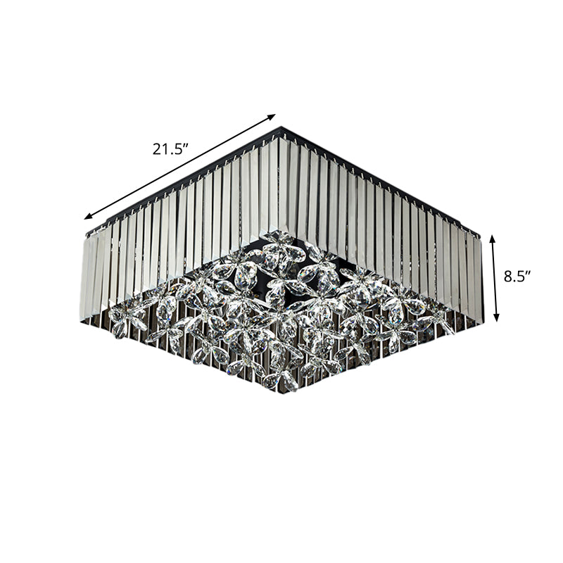 Squared Bedroom Flush Mount Smoke Gray Crystal 7 Heads Modernism Flush Light Fixture with Flower Droplet Inside