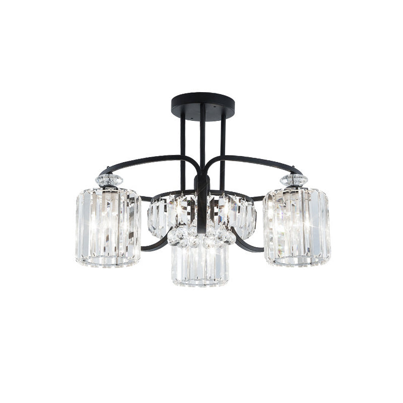 4/8 têtes salle à manger d'éclairage semi-montage luminaire de lampe de plafond noir moderne avec nuance cylindrique en cas de cristal clair