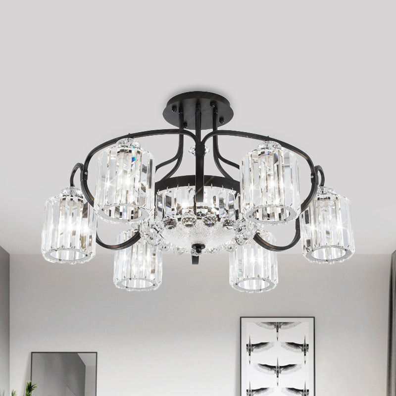4/8 têtes salle à manger d'éclairage semi-montage luminaire de lampe de plafond noir moderne avec nuance cylindrique en cas de cristal clair