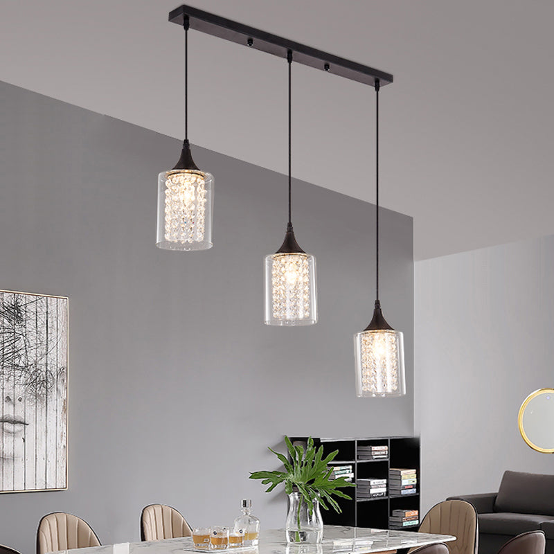 Cilindro in vetro trasparente multiplo a sospeso lampada a pendolo nero minimalista a 3 luci con baldacchino lineare/rotondo