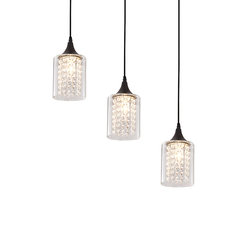 Cilindro in vetro trasparente multiplo a sospeso lampada a pendolo nero minimalista a 3 luci con baldacchino lineare/rotondo