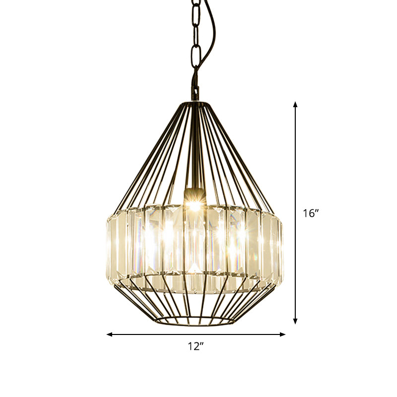 Black Teardrop-Like Pendulum Light Minimalism 1 Bulb Clear Crystal Rectangle Suspension Lamp