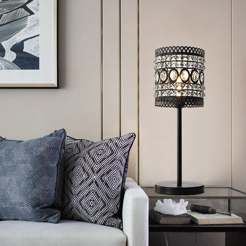 Cilinder Nachttafel Licht Modern Metallic 1-Hoofd bed nachtkastje Lamp met kristallen accent in zwart